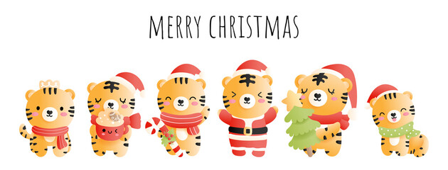 Christmas tiger banner. Year of the Tiger. Vector illustration