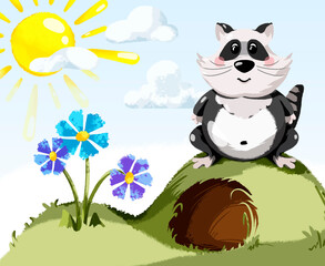 Obraz na płótnie Canvas Raccoon funny personage illustration with it natural environment
