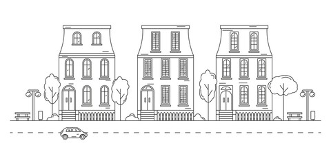 Fototapeta premium Neighbourhood Line Art. Monochrome horizontal urban landscape with town street or district. Editable stroke. Cityscape with living houses drawn with contour lines.