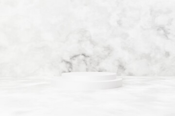 3Dレンダリング／3Dイラスト）大理石風の白くて明るい抽象的な背景に2つの円柱の展示台　空きスペース　シンプル　ミニマル