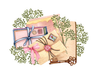 Watercolor vintage mail letters and envelope. Hand drawn love illustration.