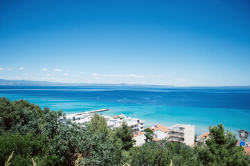 GREECE: Scenic landscape view with blue water of Mediterranean sea 