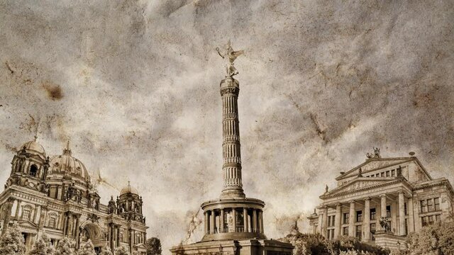 Slow motion collage of Berlin landmarks in Germany on old vintage crumpled paper and sky time-lapse with clouds. Creative 4k loop video animation with parallax effect.