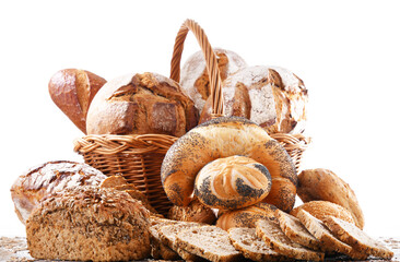 Assorted bakery products including loafs of bread and rolls