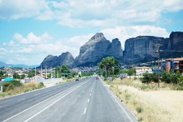 GREECE, METEORA: Scenic landscape view of Meteora monasteries landmark on the mountains peaks  
