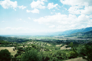 GREECE, METEORA: Scenic landscape view of Meteora monasteries landmark on the mountains peaks  