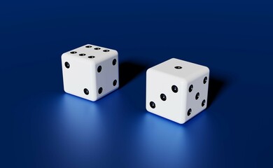 Dice 3d rendering. Two white dice 3d illustration.