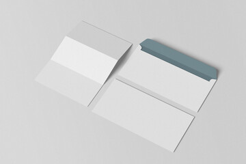 DL Envelope mockup on wood with shadow overlay and letterhead. - obrazy, fototapety, plakaty