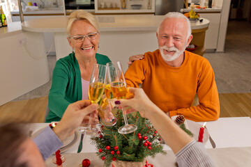 Senior couple sitting at nicely decorated table, having Christmas dinner with family or friends and making a toast, raising glasses of wine
