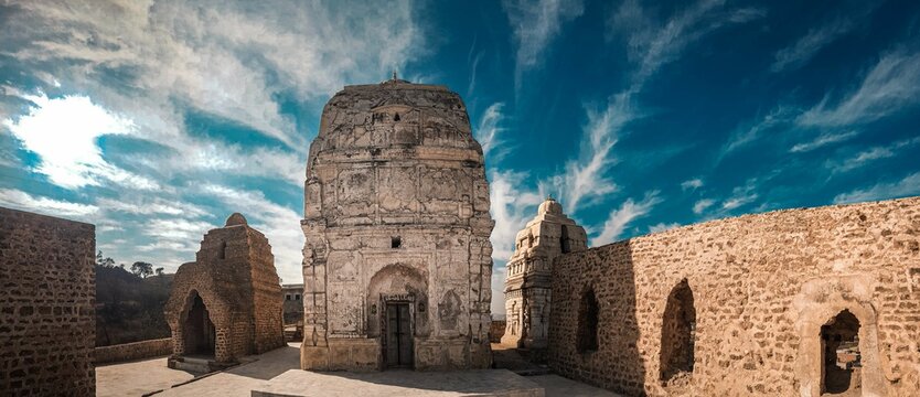 Choa SaidanShah, Chakwal, Pakistan - December, 29, 2019: Shri Katas Raj is a complex of several Hindu temples and  a pond named Katas which is sacred to Hindus. The site is almost 5000 years old!