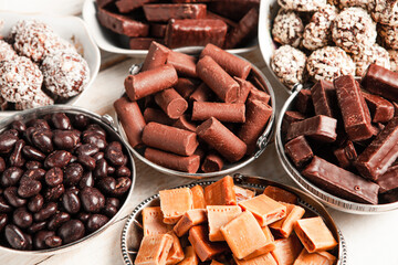 Assortment of delicious chocolate candies background. Chocolate candy isolated 