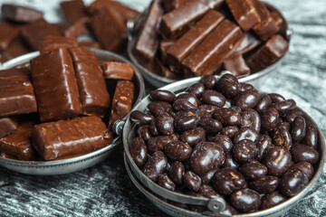 Assortment of delicious chocolate candies background. Chocolate candy isolated 