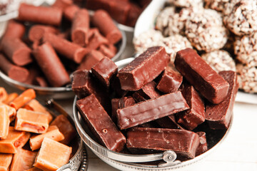 Assortment of delicious chocolate candies background. Chocolate candy isolated 