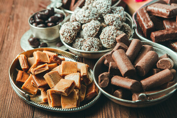 Assortment of delicious chocolate candies background. Chocolate candy isolated 