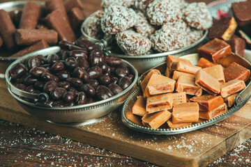 Assortment of delicious chocolate candies background. Chocolate candy isolated 