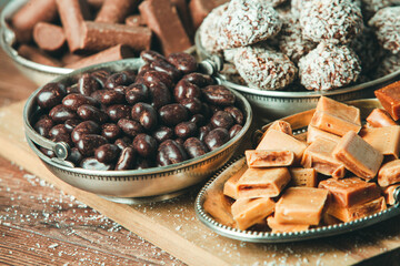 Assortment of delicious chocolate candies background. Chocolate candy isolated 