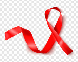 Realistic red ribbons isolated over transparent background, world aids day symbol, 1 december. World cancer day symbol, 4 february. Design template. Vector illustration.