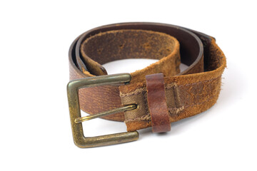 Used brown leather belt isolated on white background