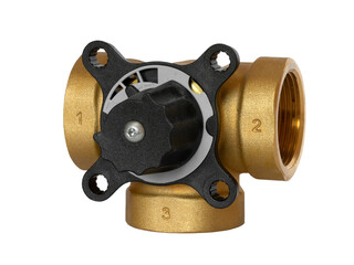 Three-way valve for piping systems and with flow control. This fitting is designed for heating systems, withstands high pressure and temperature