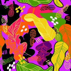 seamless pattern with tropical leaves and pineapple