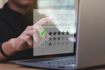 Customer Experience for Goods services Concept, Best Excellent Services Rating for Satisfaction present by hand of Client pressing Five Star