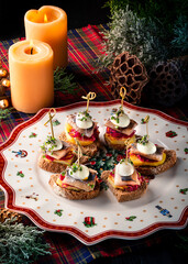 set of canapes for holiday catering menu for individual event with fish