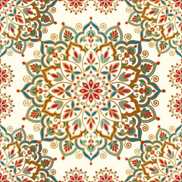 Seamless pattern with mandala ornament. Traditional Arabic, Indian motifs. Great for fabric and textile, wallpaper, packaging or any desired idea.