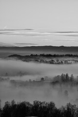 The fog is dense but the sun is cracking out. Shot in the evening from a height over Oslo city in Norway. The fog is like a blanket over the people and city. Shot in autumn. 