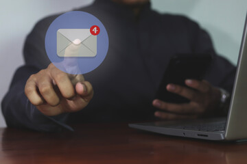 close up woman holding smartphone and checking email online on web with virtual interface technology concept