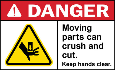 Moving parts can crush and cut. Keep hands clear danger sign. Safety signs and symbols.