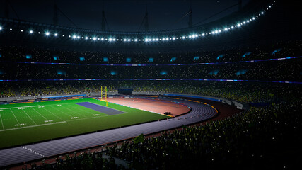 American football night stadium with fans iilluminated by spotlights waiting game. High quality 3d render  © AStakhiv