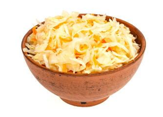 Brown clay bowl with sauerkraut, isolated on white background