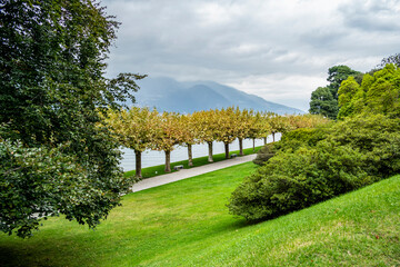 Fototapeta na wymiar View of the gardens of Villa Melzi in Bellagio, Lake Como, Lombardy - Italy