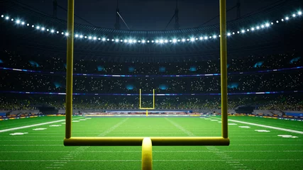 Fotobehang American football night stadium with fans iilluminated by spotlights waiting game. High quality 3d render  © AStakhiv