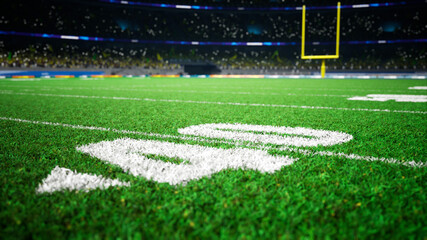 American football night stadium with fans iilluminated by spotlights waiting game. High quality 3d render  © AStakhiv