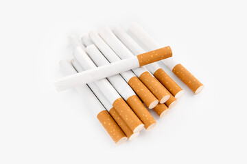 Set Сigarette close up isolated on white background. Smoking. Bad habits. Smoking leads to lung cancer.