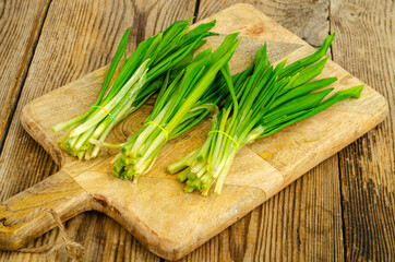 Green young shoots of Allium ursinum. Photo