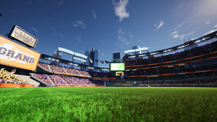 empty baseball stadium arena with fans crowd in the sunny day lights. High quality 3d footage render © AStakhiv