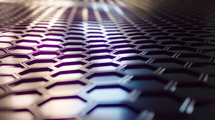 3D-Illustration of a dark, abstract, hexagonal background pattern with bright highlights
