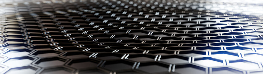 3D-Illustration of a dark, abstract, hexagonal background pattern with bright highlights