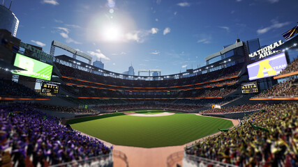 empty baseball stadium arena with fans crowd in the sunny day lights. High quality 3d footage render © AStakhiv