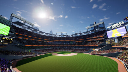 empty baseball stadium arena with fans crowd in the sunny day lights. High quality 3d footage render