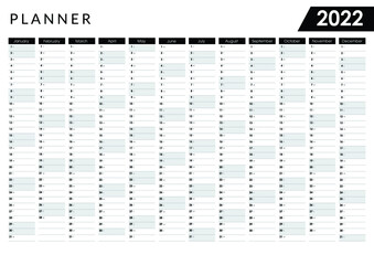 2022 Yearly planner. Horizontal Wall calendar design template. Annual worldwide printable wall planner, diary with holidays, dates, days of the month and space for personal notes. - Vector