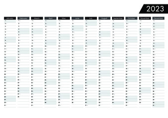 2023 Yearly wall planner. Black and white calendar vector design template with holidays. Sunday, Saturday highlited. Horizontal annual worldwide printable planner. 