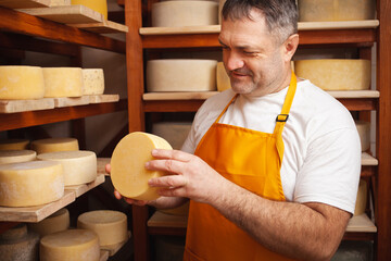 man cheesemaker in the cellar, beautiful wooden shelves with a ready cheese circle, ripening. Cheese production, home basement, indoor. Private entrepreneur. portrait