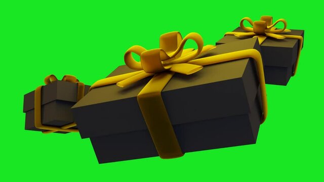 3d black friday zooming footage black gift box with gold ribbon
