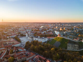 Magical evening in Vilnius old town / new town. Lithuania, cathedral squere, sunset, aerial view