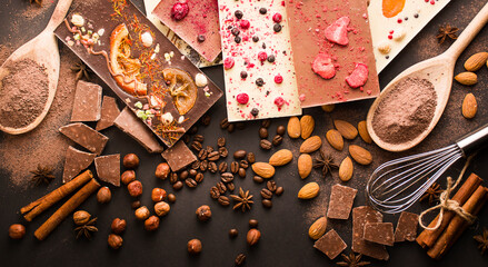 Handmade chocolate with berries, nuts, dried fruits and ingredients for making chocolate on a dark...