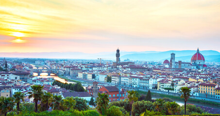 A fabulous panoramic view of Florence from Michelangelo Square at sunset. It is a pilgrimage of tourists and romantics. Duomo Cathedral. Italy, Tuscany