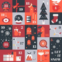 Christmas advent calendar with elements - pine, snowflakes, candles, christmas wreath, garland and ball, socks, gifts. Merry Christmas poster. Cute winter illustration for card, poster.  - obrazy, fototapety, plakaty